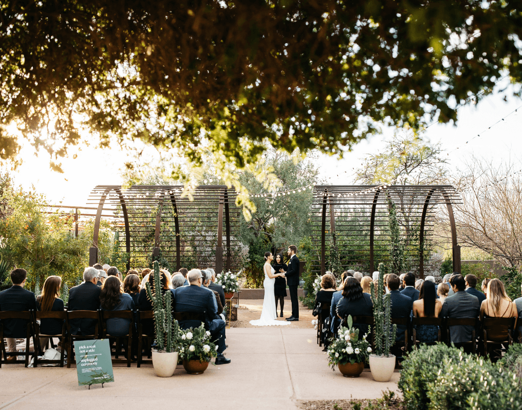 Outdoor wedding ceremony seating and decor