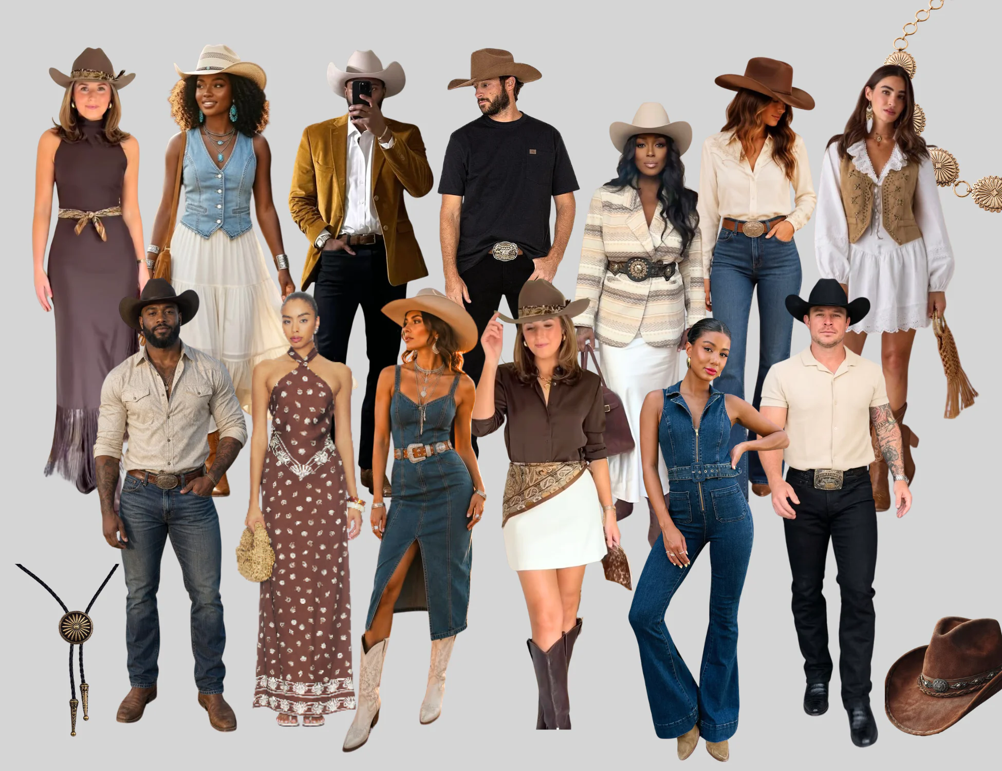 Western Chic outfit inspiration featuring elevated Southwest-style denim, hats, boots, suede, turquoise accents, and layered looks