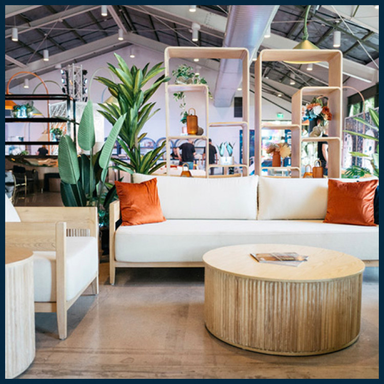 Stylish corporate event decor with modern furniture rentals